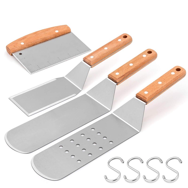 HaSteeL Metal Spatula Set of 4, Stainless Steel Griddle Spatula Tools Set with Wooden Riveted Handle, Professional Griddle Accessories Kit for Teppanyaki BBQ Flat Top Hibachi Cooking Grilling - Image 1